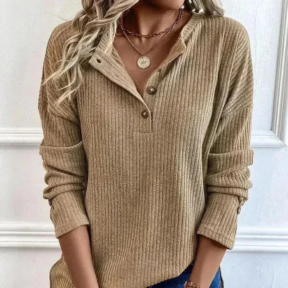 Khaki Casual Womens Half Button Drop Shoulder Waffle Knit Tee - Picture 3 of 5